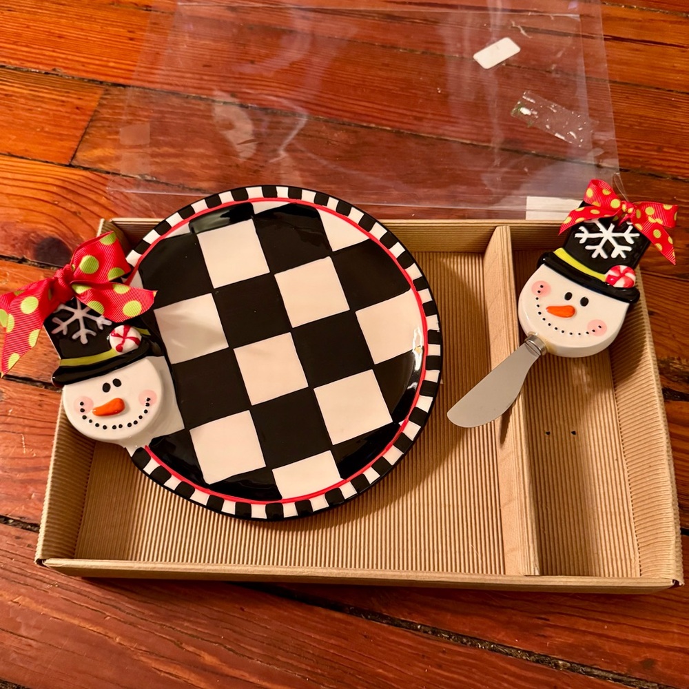 Mudpie Snowman Checkered Plate & Spreader Set NWT